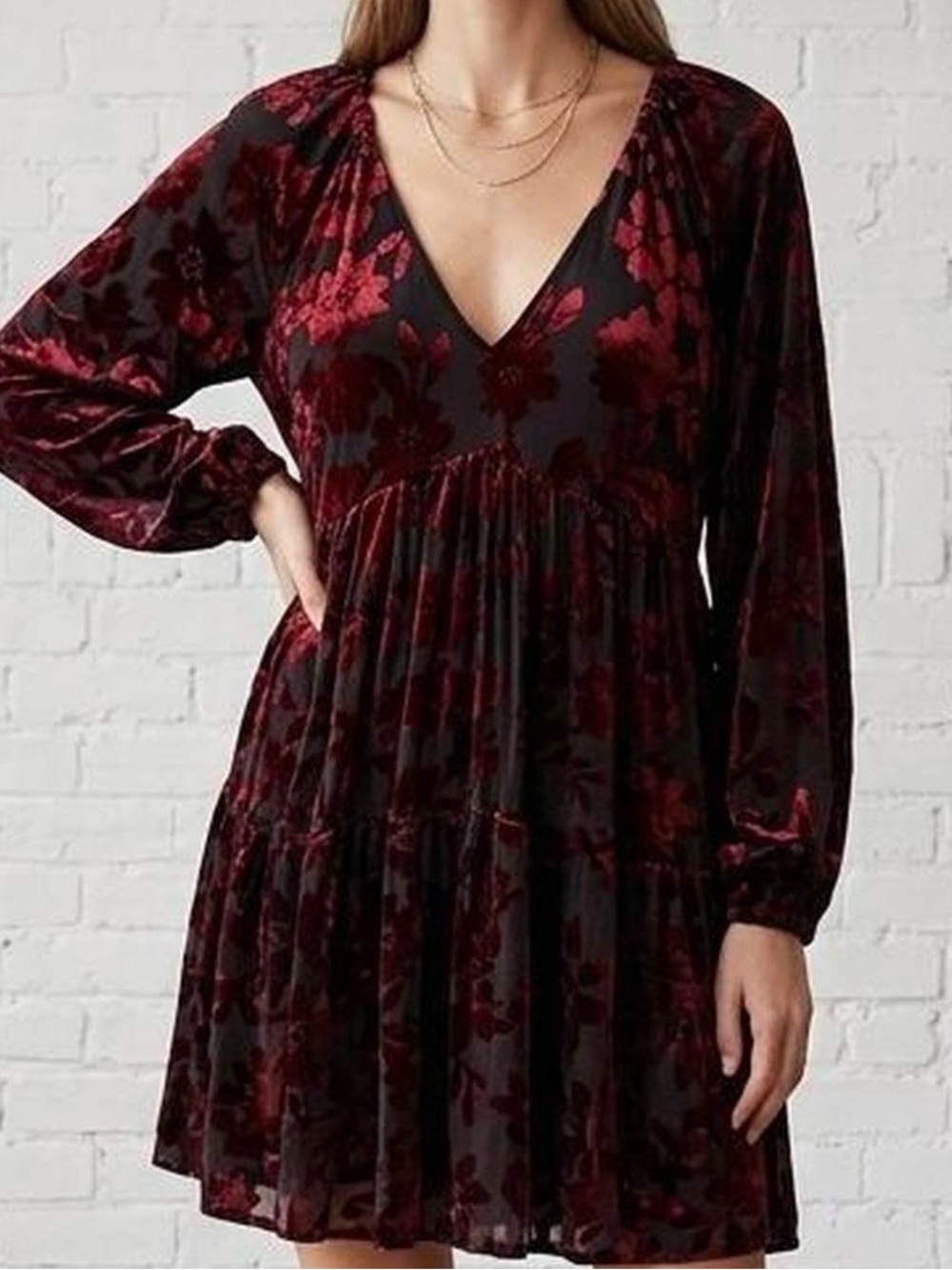 Taylor Velvet Floral V-Neck Long Sleeve mini Dress in Burgundy and Black